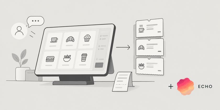 Point of sale and kitchen order queue; Echo assists with customer enquiries.